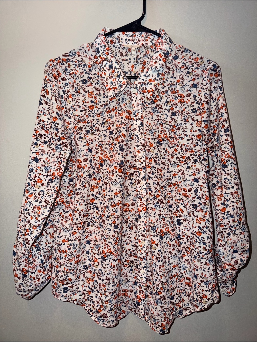 Joie 100% cotton Size M White Floral Button-Up Blouse with Orange & Navy Accents